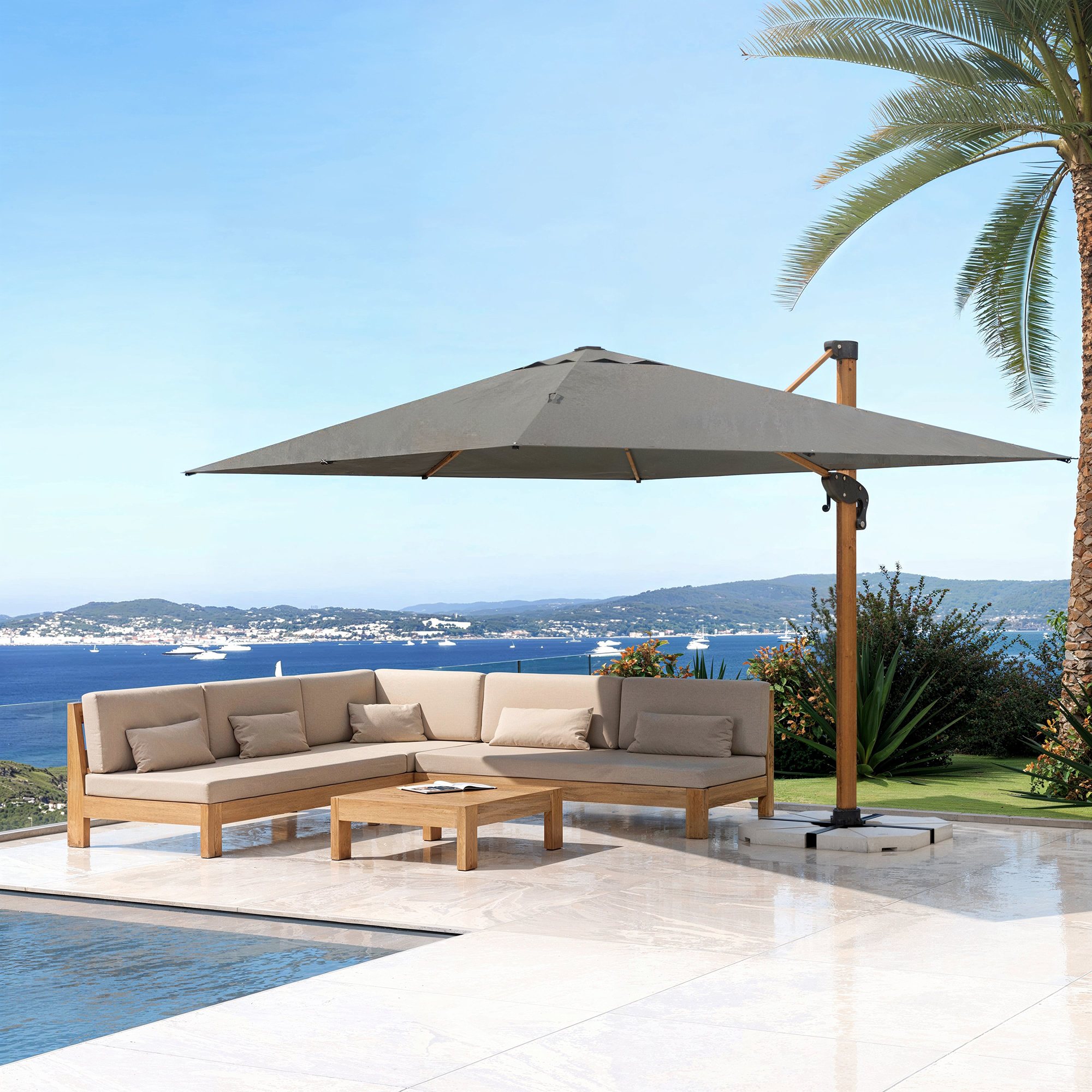 Parasol déporté rectangulaire aluminium (4 x 3 m) Yucatan Effet bois et gris anthracite